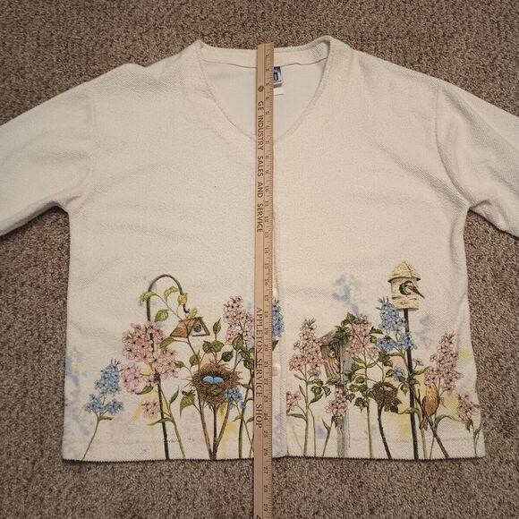 Vtg Art Unlimited Cardigan Terry Cloth Sweatshirt Womens Flowers Birds XL 90s - Picture 12 of 13